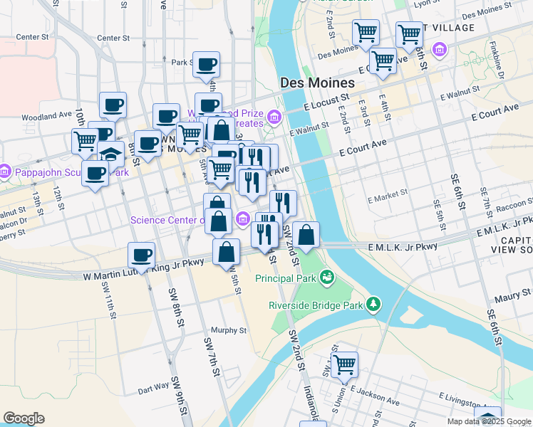 map of restaurants, bars, coffee shops, grocery stores, and more near 198 Southwest 3rd Street in Des Moines