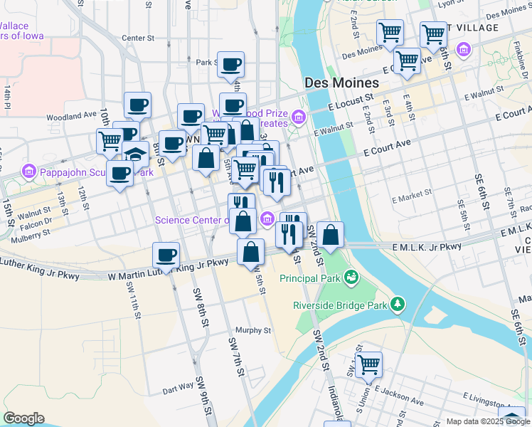 map of restaurants, bars, coffee shops, grocery stores, and more near 401 Market Street in Des Moines