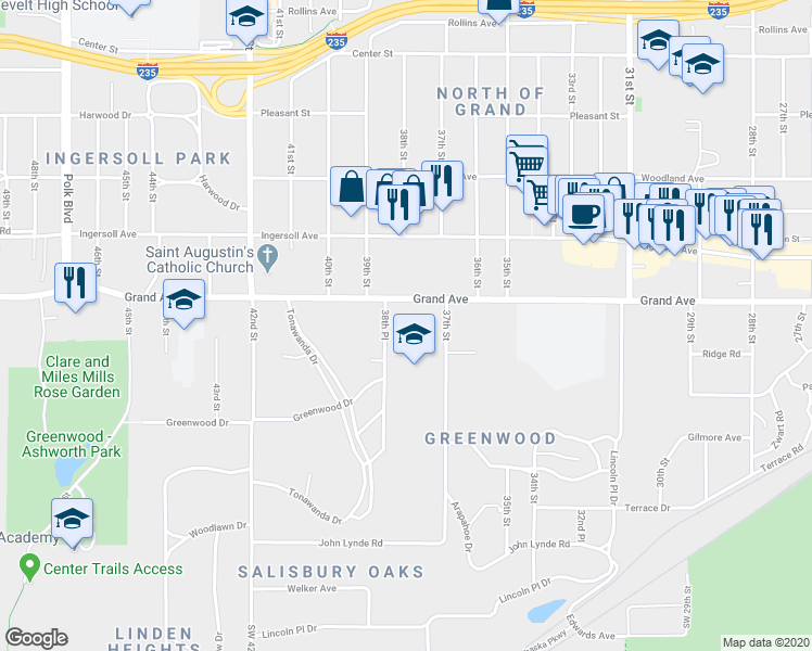 map of restaurants, bars, coffee shops, grocery stores, and more near 400 37th Street in Des Moines
