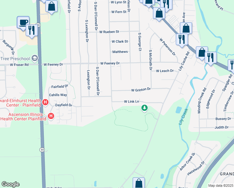 map of restaurants, bars, coffee shops, grocery stores, and more near 23554 West Link Lane in Plainfield