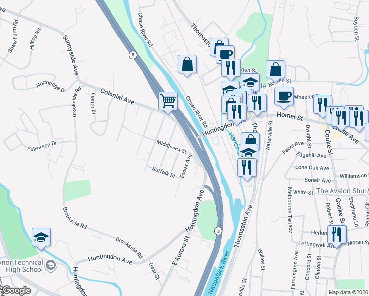 map of restaurants, bars, coffee shops, grocery stores, and more near 18 Middlesex Street in Waterbury