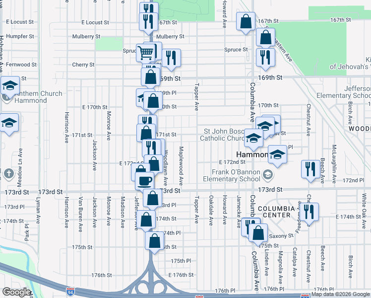 map of restaurants, bars, coffee shops, grocery stores, and more near 7148 Tapper Avenue in Hammond