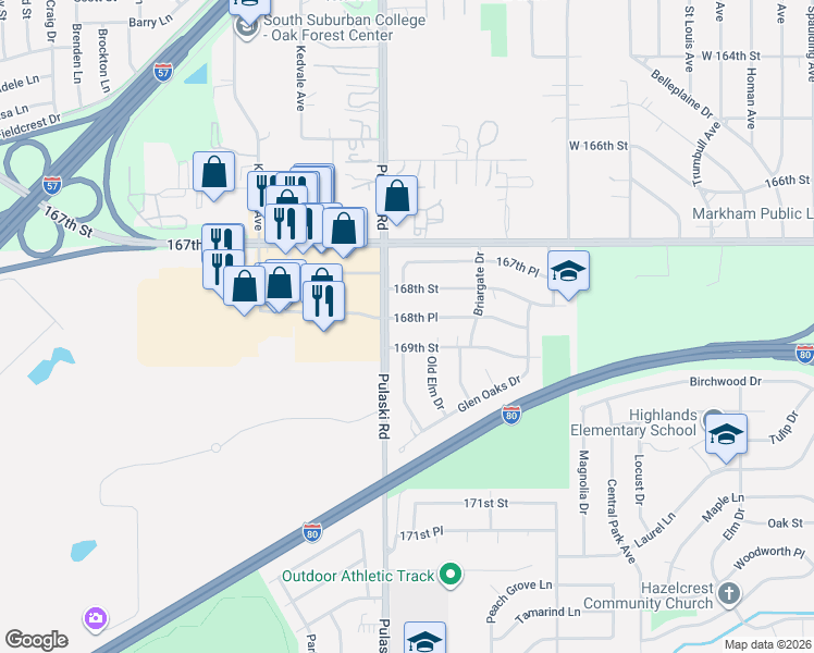 map of restaurants, bars, coffee shops, grocery stores, and more near 3927 169th Street in Country Club Hills