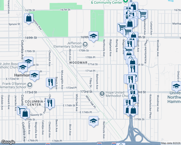 map of restaurants, bars, coffee shops, grocery stores, and more near 7201 Tilley Drive in Hammond