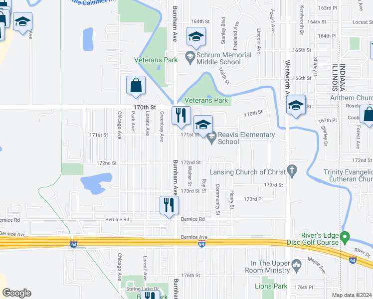 map of restaurants, bars, coffee shops, grocery stores, and more near 17132 Walter Street in Lansing