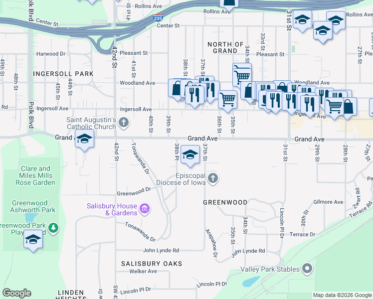 map of restaurants, bars, coffee shops, grocery stores, and more near 3722 Grand Avenue in Des Moines