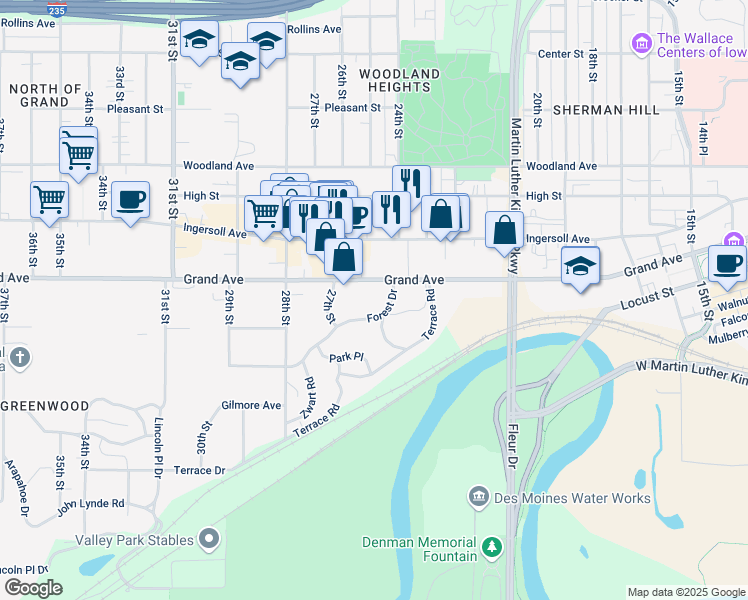 map of restaurants, bars, coffee shops, grocery stores, and more near 2501 Grand Avenue in Des Moines