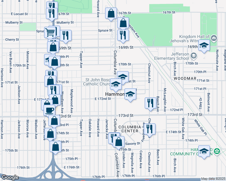 map of restaurants, bars, coffee shops, grocery stores, and more near 7128 Columbia Avenue in Hammond