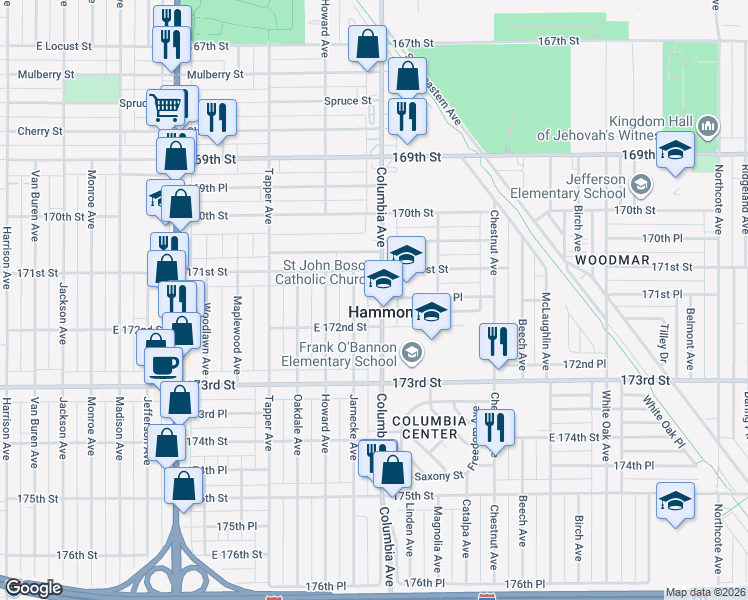 map of restaurants, bars, coffee shops, grocery stores, and more near 7105 Jarnecke Avenue in Hammond