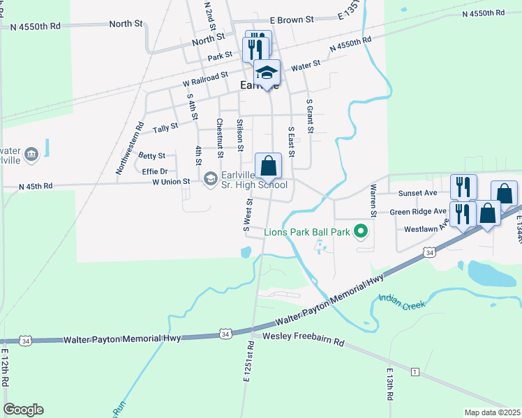 map of restaurants, bars, coffee shops, grocery stores, and more near 714 South Ottawa Street in Earlville