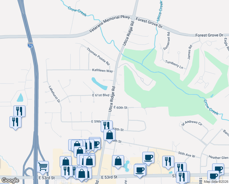 map of restaurants, bars, coffee shops, grocery stores, and more near 4031 Lakehurst Court in Davenport