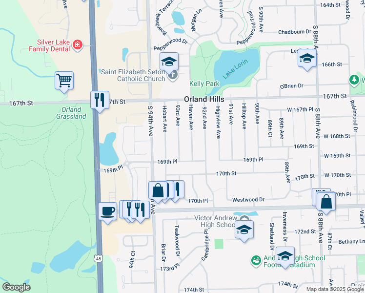 map of restaurants, bars, coffee shops, grocery stores, and more near 16825 93rd Avenue in Orland Hills