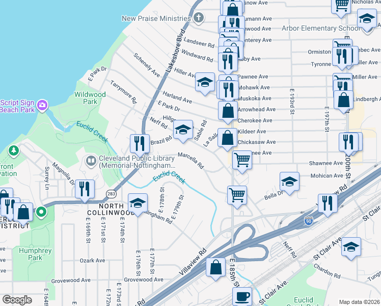 map of restaurants, bars, coffee shops, grocery stores, and more near 18022 Neff Road in Cleveland