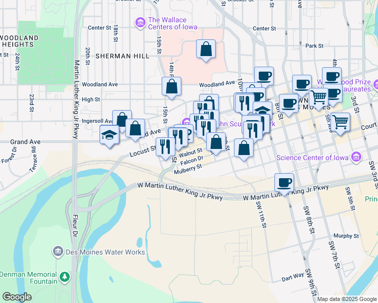 map of restaurants, bars, coffee shops, grocery stores, and more near 1402 Locust Street in West Des Moines