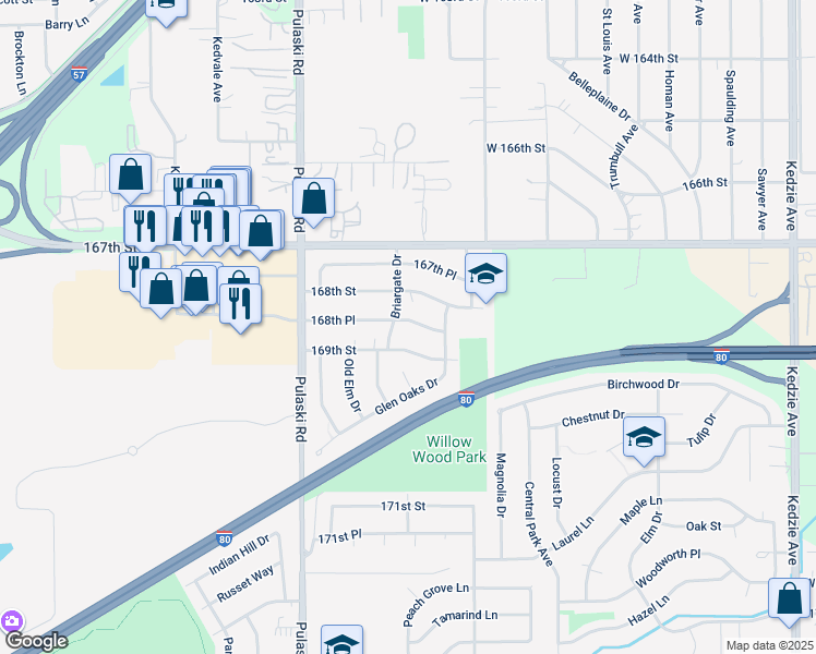 map of restaurants, bars, coffee shops, grocery stores, and more near 3813 168th Place in Country Club Hills