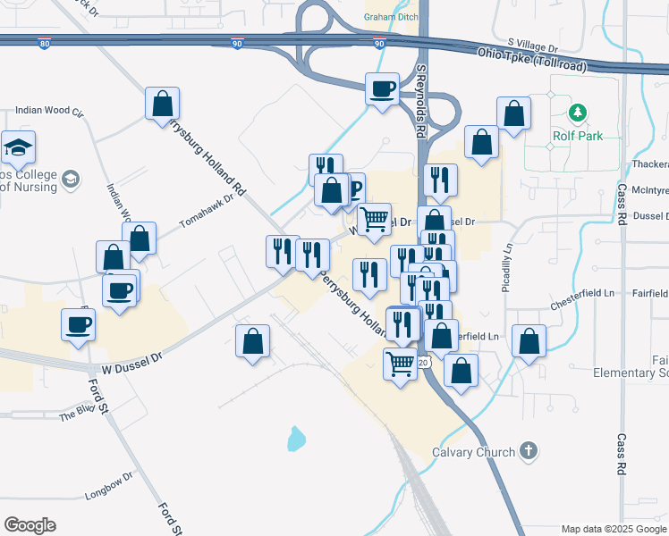 map of restaurants, bars, coffee shops, grocery stores, and more near 1490 Holland Road in Maumee