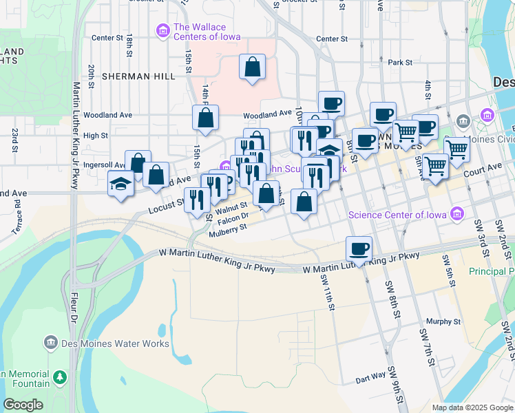 map of restaurants, bars, coffee shops, grocery stores, and more near 309 13th Street in Des Moines