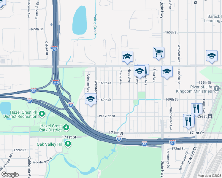 map of restaurants, bars, coffee shops, grocery stores, and more near 16830 Anthony Avenue in Hazel Crest