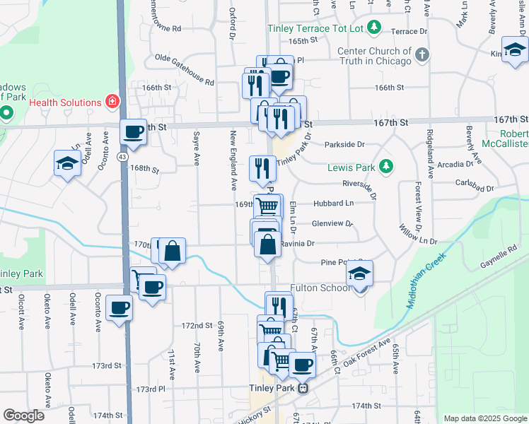 map of restaurants, bars, coffee shops, grocery stores, and more near 16851 Oak Park Avenue in Tinley Park