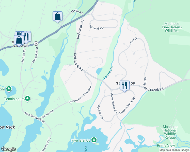 map of restaurants, bars, coffee shops, grocery stores, and more near 168 Red Brook Road in Falmouth