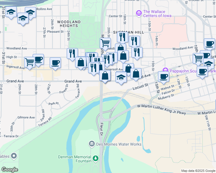 map of restaurants, bars, coffee shops, grocery stores, and more near 2000 Grand Avenue in Des Moines