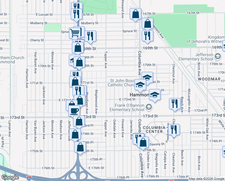 map of restaurants, bars, coffee shops, grocery stores, and more near 7126 Oakdale Avenue in Hammond