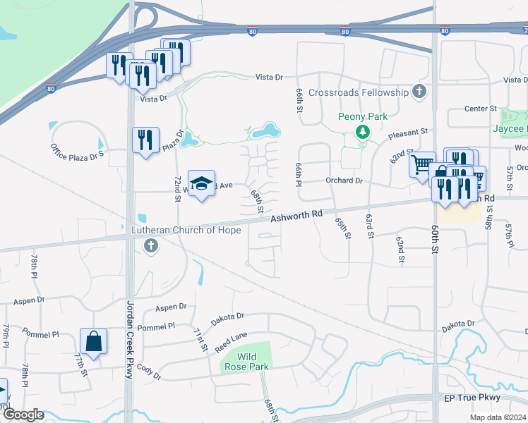map of restaurants, bars, coffee shops, grocery stores, and more near 1025 68th Street in West Des Moines