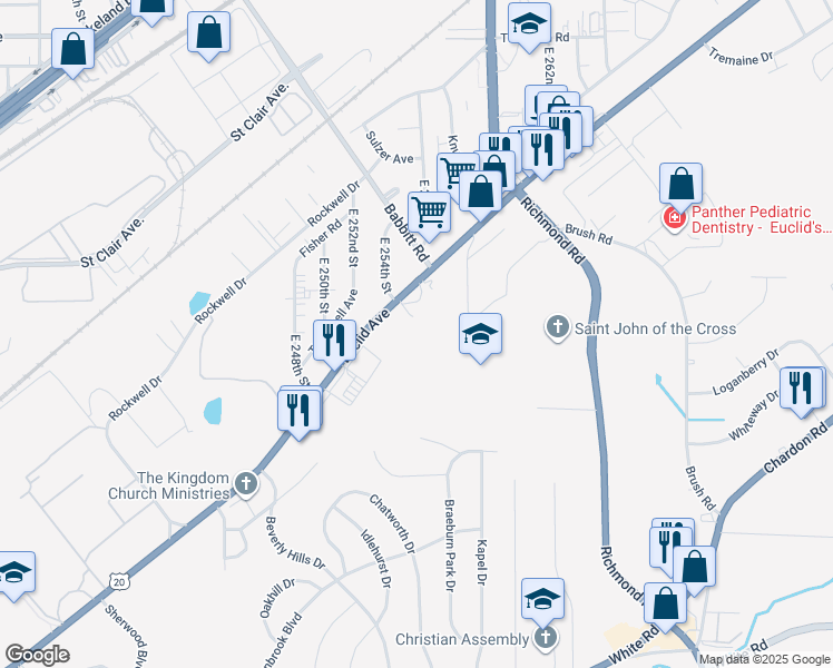 map of restaurants, bars, coffee shops, grocery stores, and more near 25400 Euclid Avenue in Euclid
