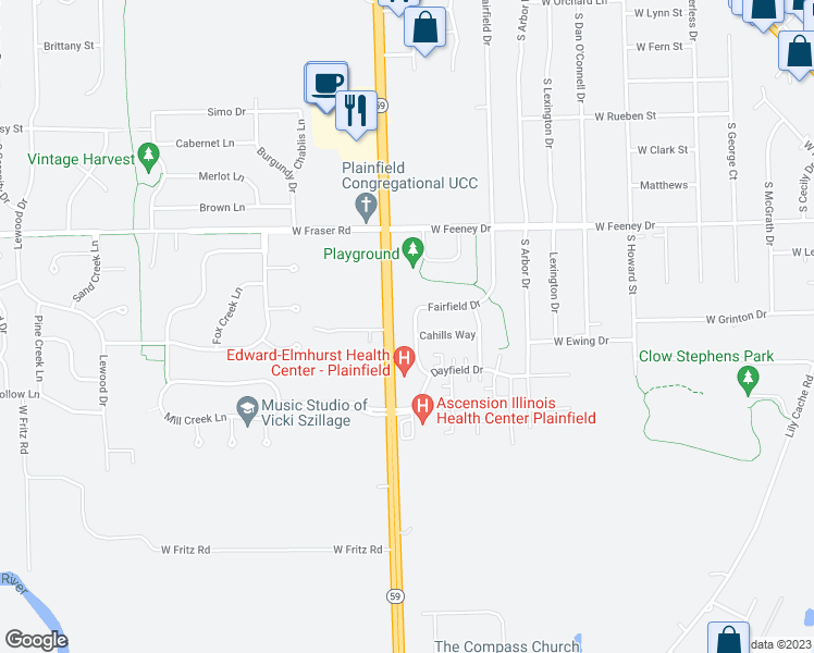 map of restaurants, bars, coffee shops, grocery stores, and more near 16438 Fairfield Drive in Plainfield