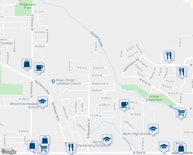 map of restaurants, bars, coffee shops, grocery stores, and more near 1257 West 61st Street in Davenport