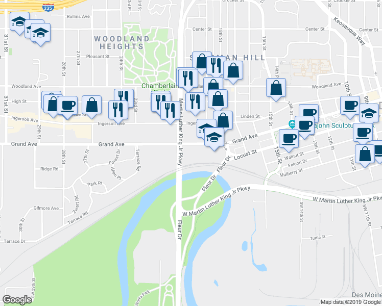map of restaurants, bars, coffee shops, grocery stores, and more near 2000 Grand Avenue in Des Moines