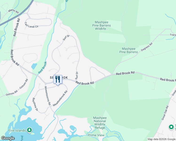 map of restaurants, bars, coffee shops, grocery stores, and more near 55 Wintergreen Road in Mashpee