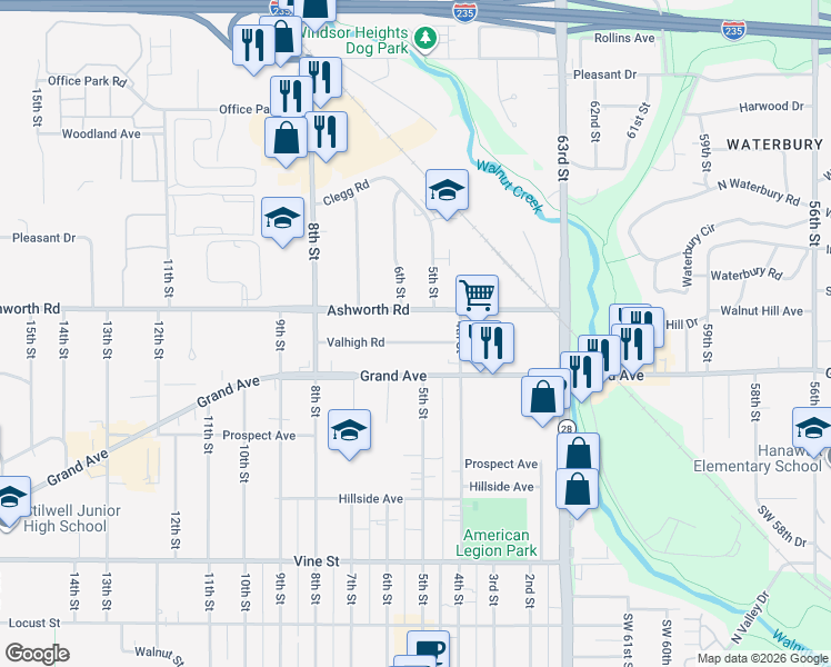 map of restaurants, bars, coffee shops, grocery stores, and more near 504 Ashworth Road in West Des Moines
