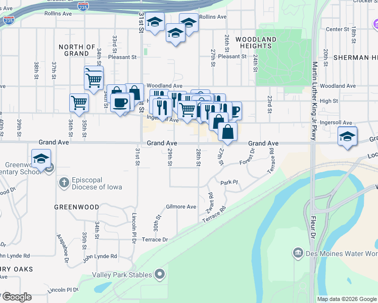 map of restaurants, bars, coffee shops, grocery stores, and more near 2824 Grand Avenue in Des Moines