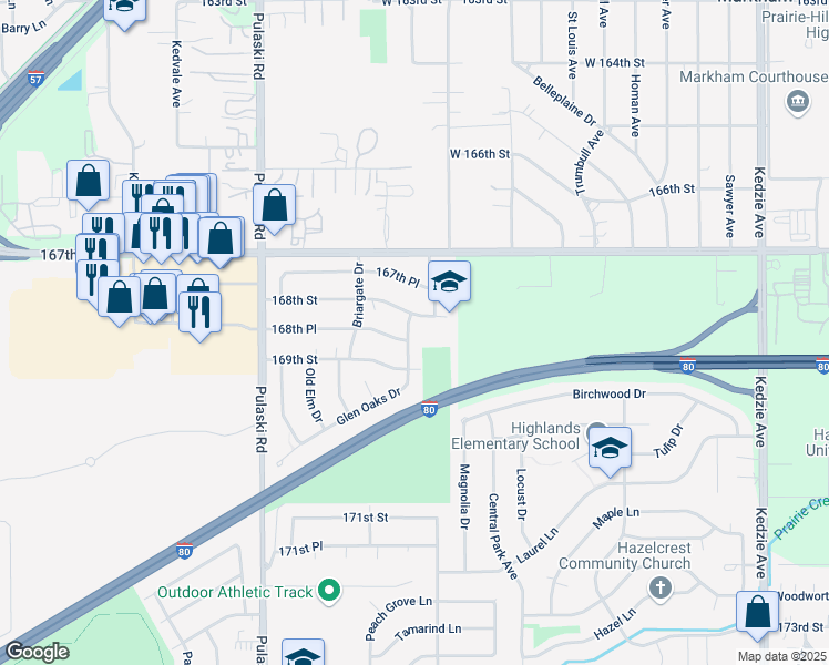 map of restaurants, bars, coffee shops, grocery stores, and more near 16819 Glen Oaks Drive in Country Club Hills