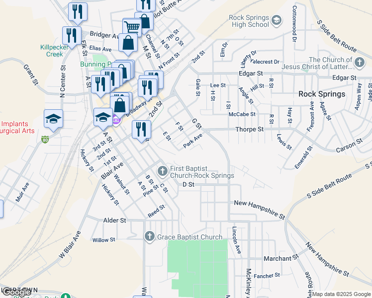 map of restaurants, bars, coffee shops, grocery stores, and more near 623-699 Park Avenue in Rock Springs
