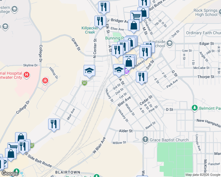 map of restaurants, bars, coffee shops, grocery stores, and more near 116 Broadway Street in Rock Springs