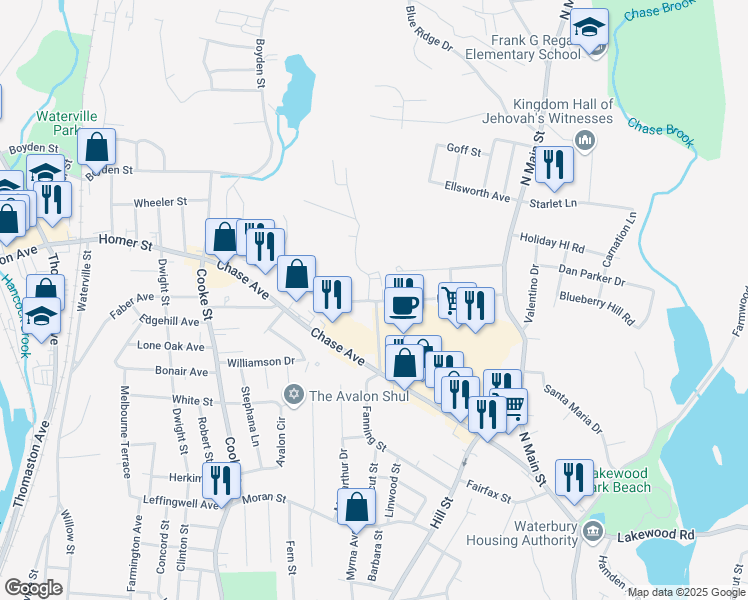 map of restaurants, bars, coffee shops, grocery stores, and more near 26 Judith Lane in Waterbury