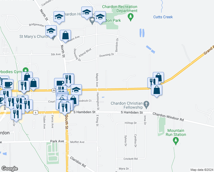 map of restaurants, bars, coffee shops, grocery stores, and more near 7 Battles Court in Chardon