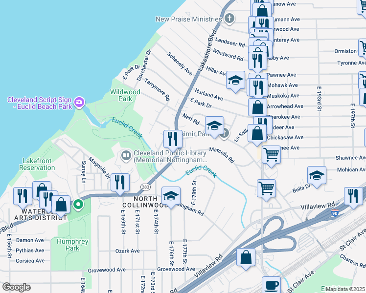 map of restaurants, bars, coffee shops, grocery stores, and more near 17815 Brazil Road in Cleveland