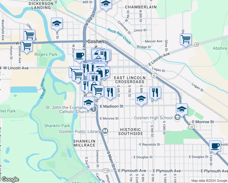 map of restaurants, bars, coffee shops, grocery stores, and more near 211 South 6th Street in Goshen