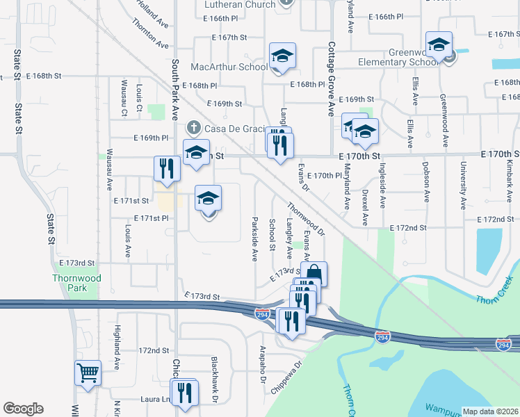 map of restaurants, bars, coffee shops, grocery stores, and more near 17100 School Street in South Holland