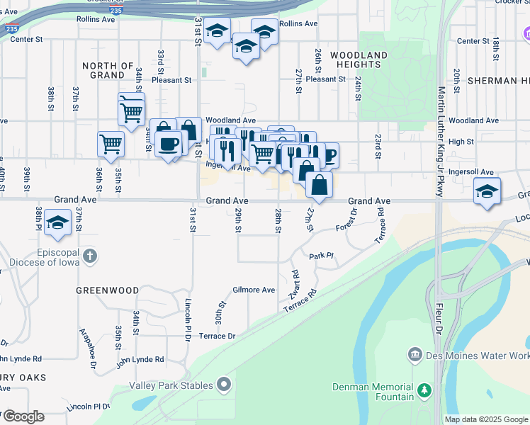 map of restaurants, bars, coffee shops, grocery stores, and more near 2815 Grand Avenue in Des Moines