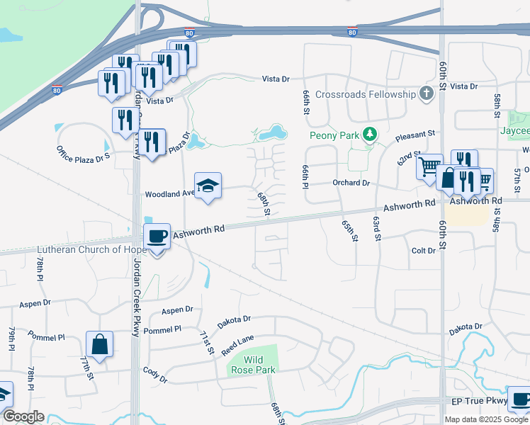 map of restaurants, bars, coffee shops, grocery stores, and more near 1025 68th Street in West Des Moines