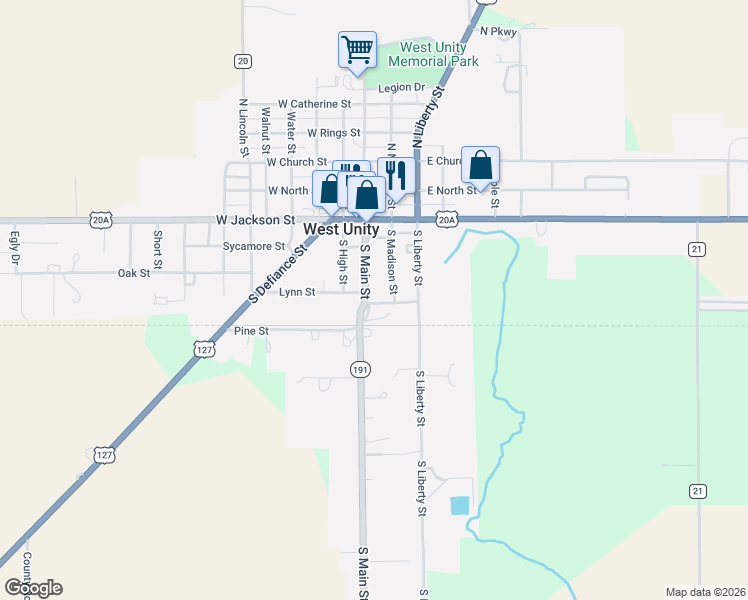 map of restaurants, bars, coffee shops, grocery stores, and more near 119 South Main Street in West Unity