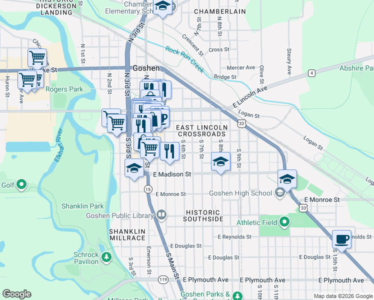 map of restaurants, bars, coffee shops, grocery stores, and more near 211 South 6th Street in Goshen