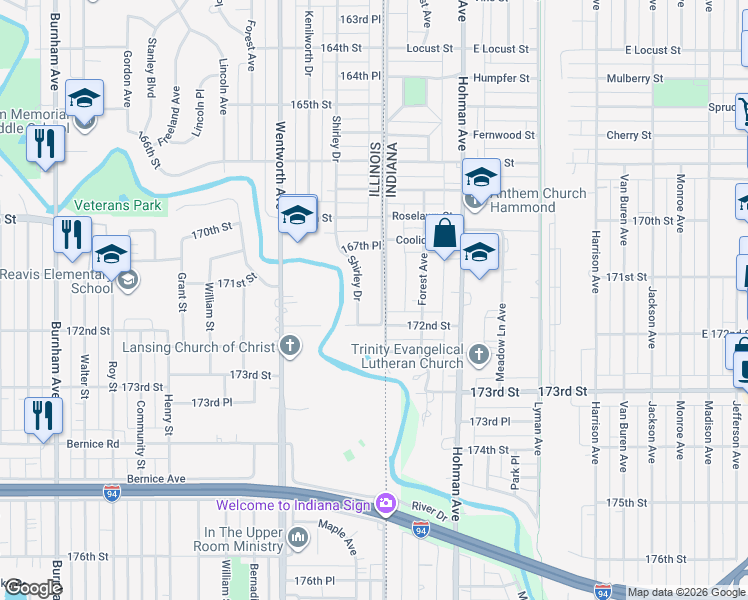 map of restaurants, bars, coffee shops, grocery stores, and more near 1662 Shirley Drive in Calumet City