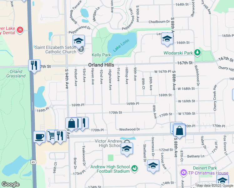 map of restaurants, bars, coffee shops, grocery stores, and more near 16801 91st Avenue in Orland Hills
