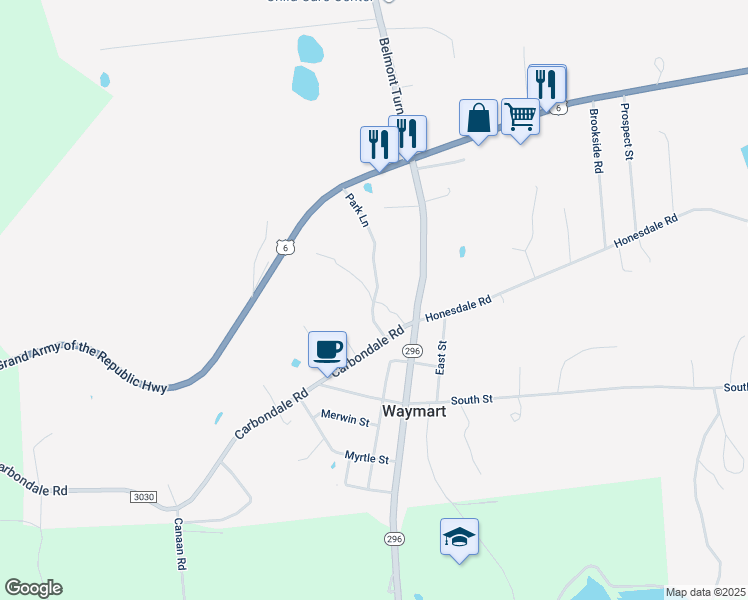 map of restaurants, bars, coffee shops, grocery stores, and more near 14 Park Ln in Waymart