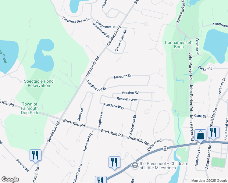 map of restaurants, bars, coffee shops, grocery stores, and more near 63 Tanglewood Drive in Falmouth